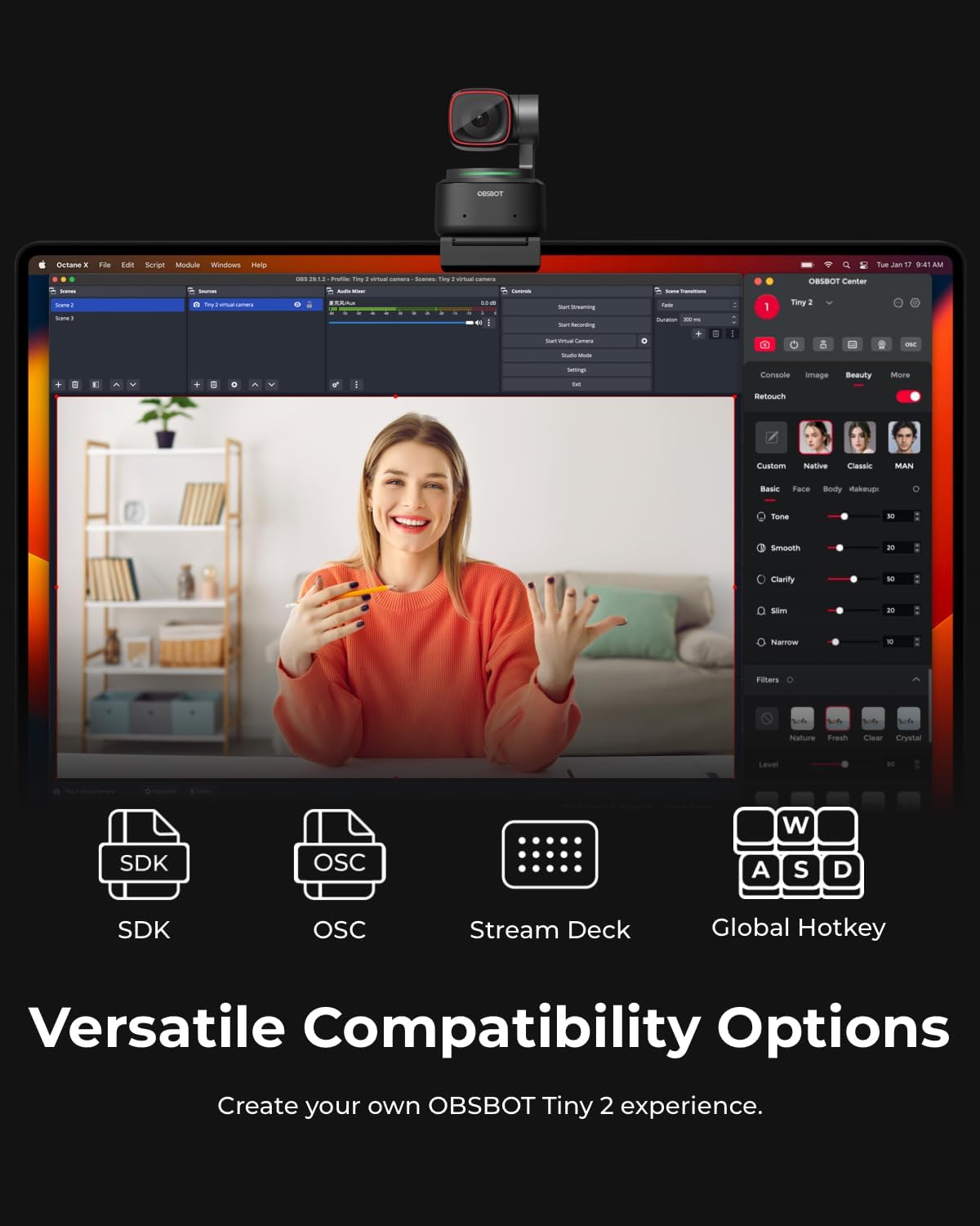 OBSBOT Tiny 2 Webcam 4K Voice Control PTZ