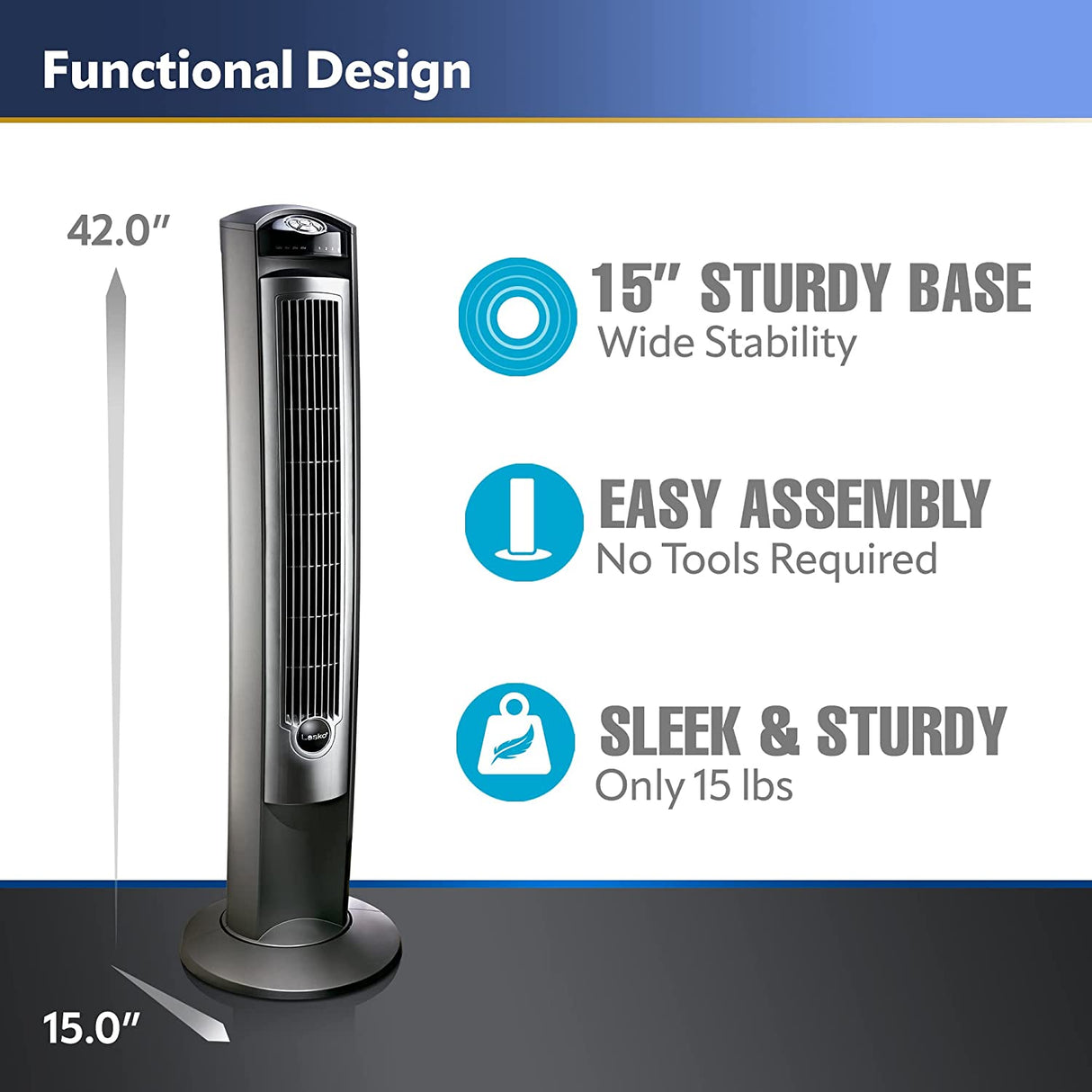 Ventilador de torre oscilante Lasko, control remoto, temporizador, 3 velocidades silenciosas, para dormitorio, sala de estar y oficina, 42", plateado, T42951