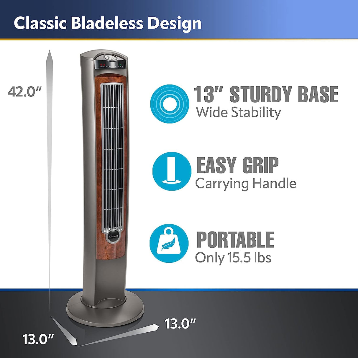 Ventilador de torre oscilante Lasko, configuración nocturna, control remoto, portátil, temporizador, para dormitorio, hogar y oficina, 3 velocidades silenciosas, 42.5", Silverwood, T42954