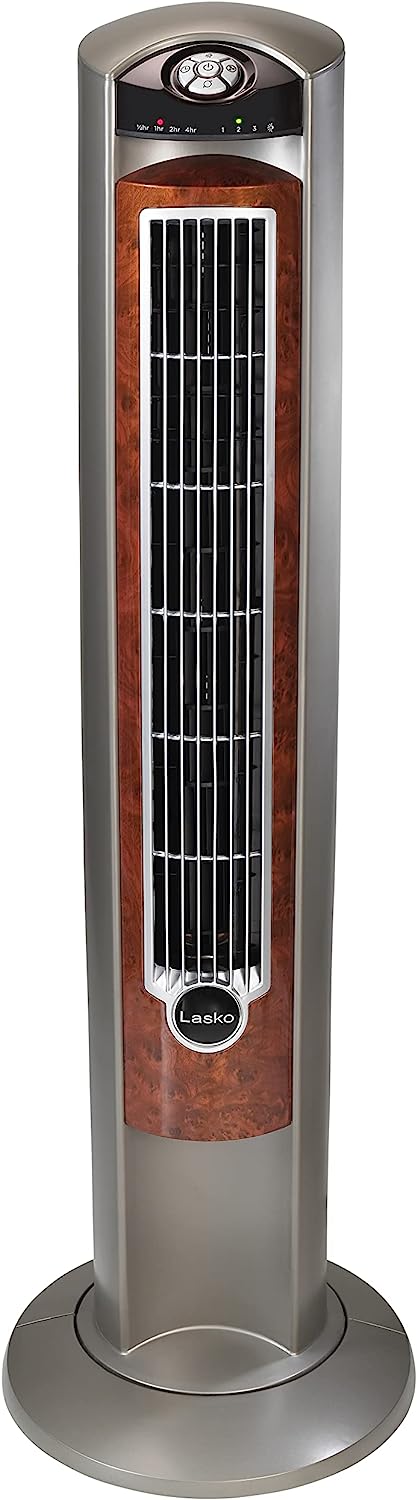 Ventilador de torre oscilante Lasko, configuración nocturna, control remoto, portátil, temporizador, para dormitorio, hogar y oficina, 3 velocidades silenciosas, 42.5", Silverwood, T42954