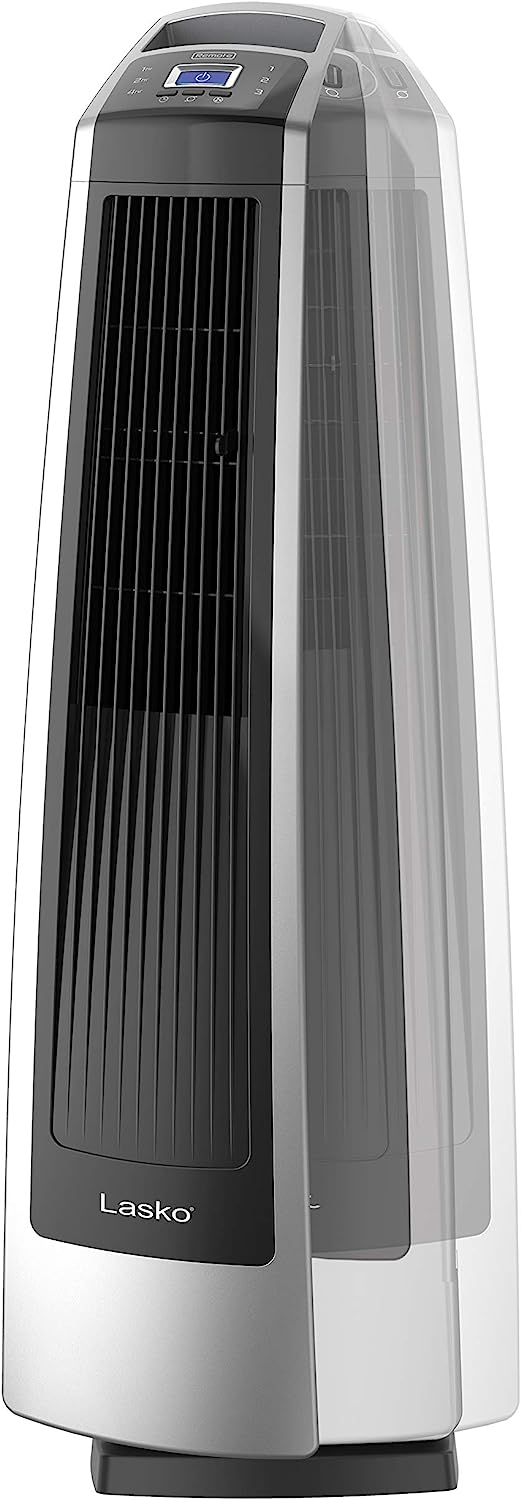 Ventilador de torre oscilante de alta velocidad Lasko, control remoto, temporizador, 3 velocidades potentes, para garaje, sótano y gimnasio, 35 pulgadas plateado y negro, U35115, grande