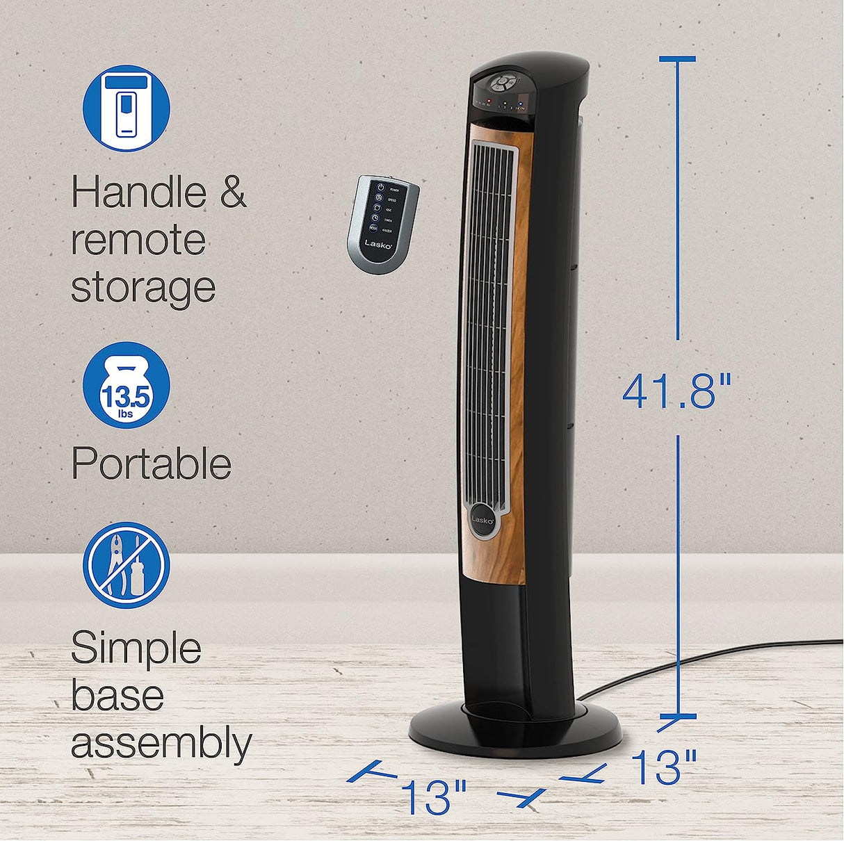 Ventilador de torre oscilante Lasko, control remoto, ionizador, 3 velocidades, temporizador, para dormitorio, oficina, cocina 42", negro, T42950