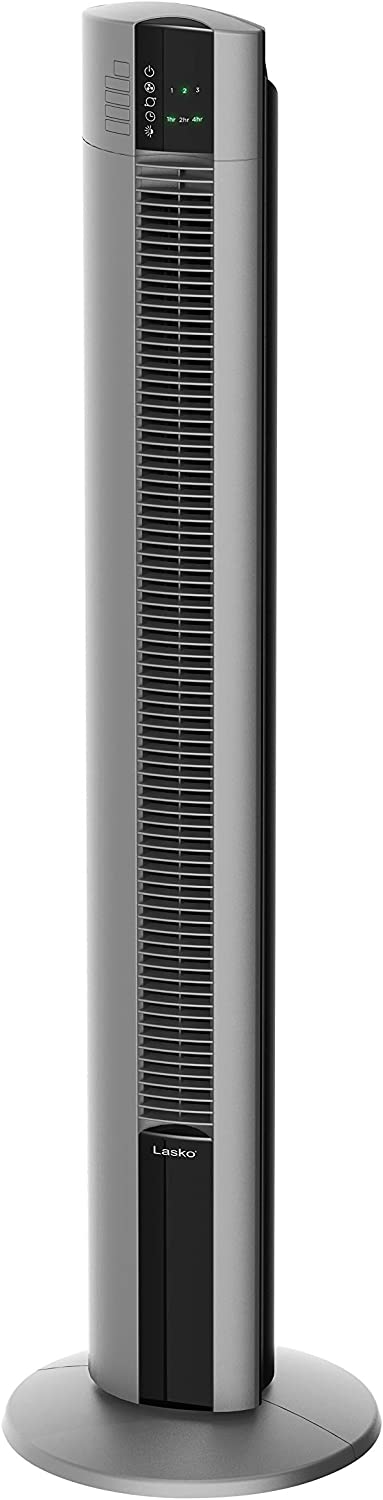 Ventilador de torre de rendimiento oscilante Lasko, configuración nocturna, control remoto, temporizador, 3 velocidades, para dormitorio, hogar y oficina, 48", gris, T48314