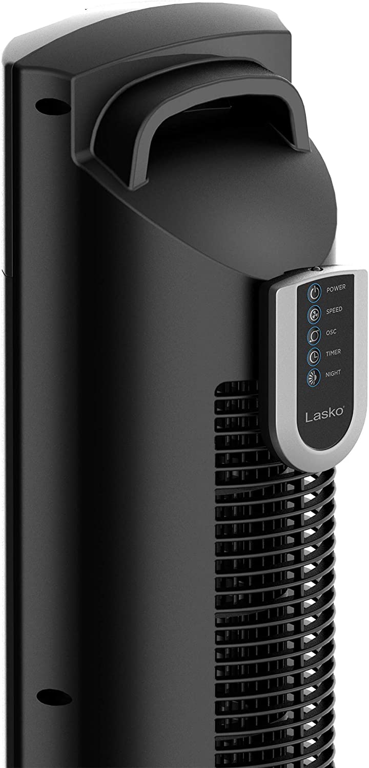 Ventilador de torre de rendimiento oscilante Lasko, configuración nocturna, control remoto, temporizador, 3 velocidades, para dormitorio, hogar y oficina, 48", gris, T48314