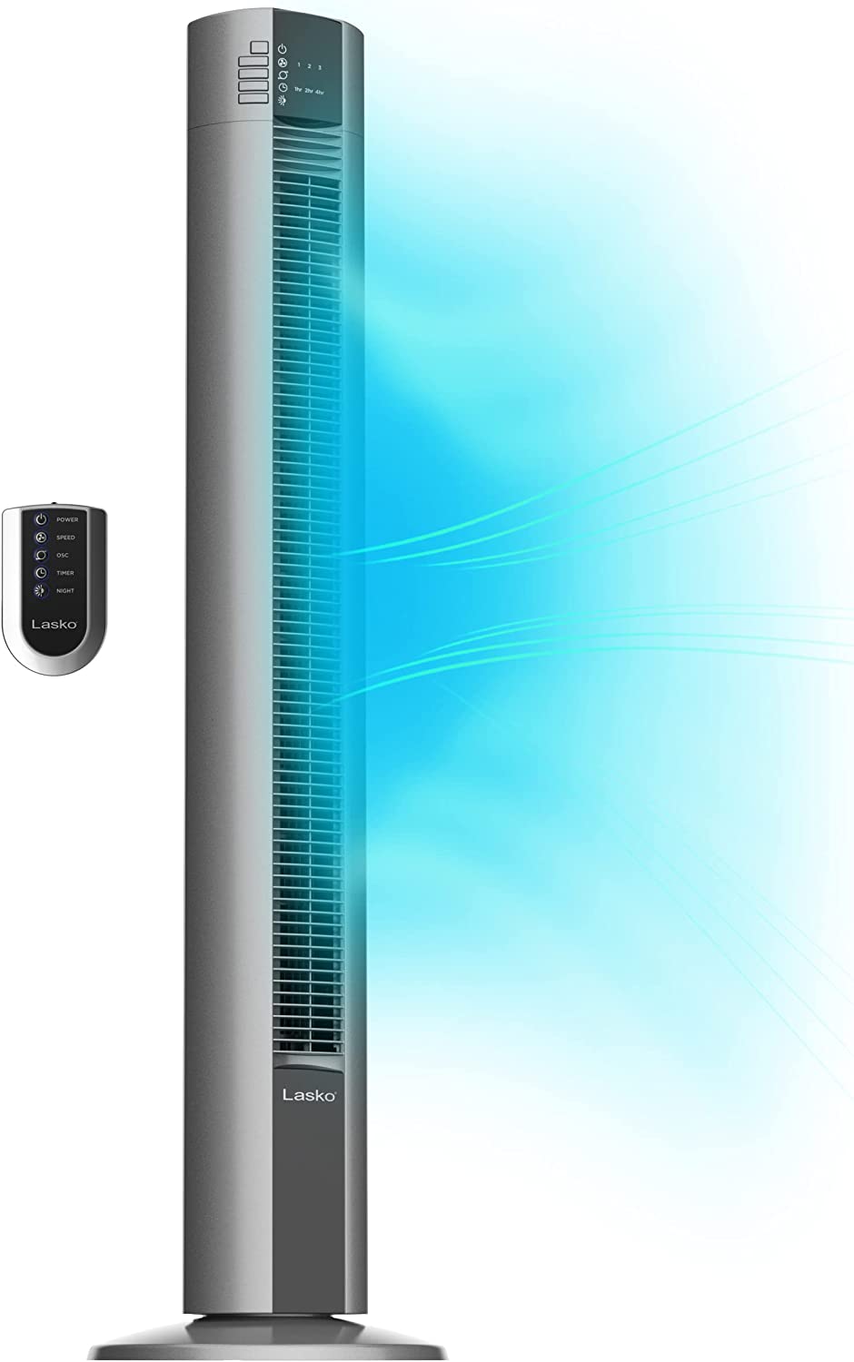 Ventilador de torre de rendimiento oscilante Lasko, configuración nocturna, control remoto, temporizador, 3 velocidades, para dormitorio, hogar y oficina, 48", gris, T48314