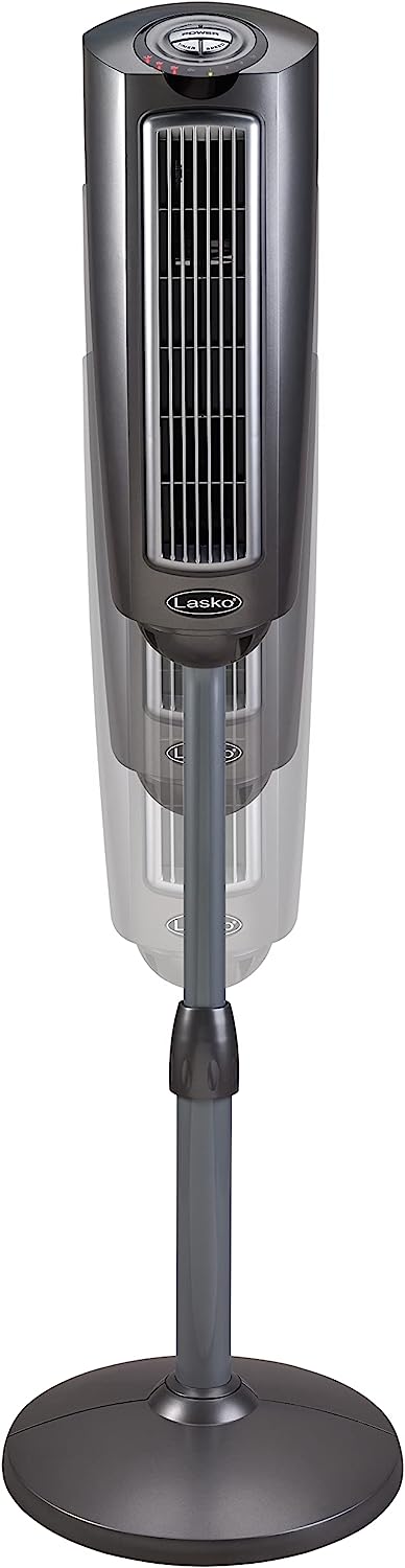 Ventilador de pedestal oscilante Lasko, altura ajustable, 3 velocidades silenciosas, temporizador, control remoto para dormitorio, sala de estar, oficina en casa y dormitorio universitario, 52 pulgadas, plateado y gris, 2535