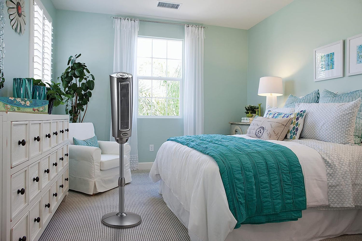 Ventilador de pedestal oscilante Lasko, altura ajustable, 3 velocidades silenciosas, temporizador, control remoto para dormitorio, sala de estar, oficina en casa y dormitorio universitario, 52 pulgadas, plateado y gris, 2535