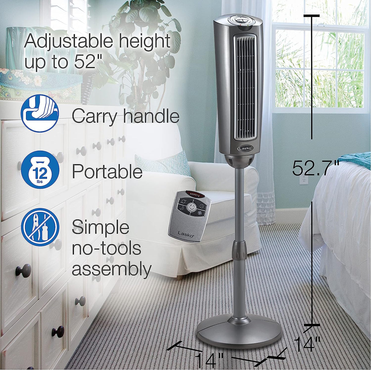 Ventilador de pedestal oscilante Lasko, altura ajustable, 3 velocidades silenciosas, temporizador, control remoto para dormitorio, sala de estar, oficina en casa y dormitorio universitario, 52 pulgadas, plateado y gris, 2535