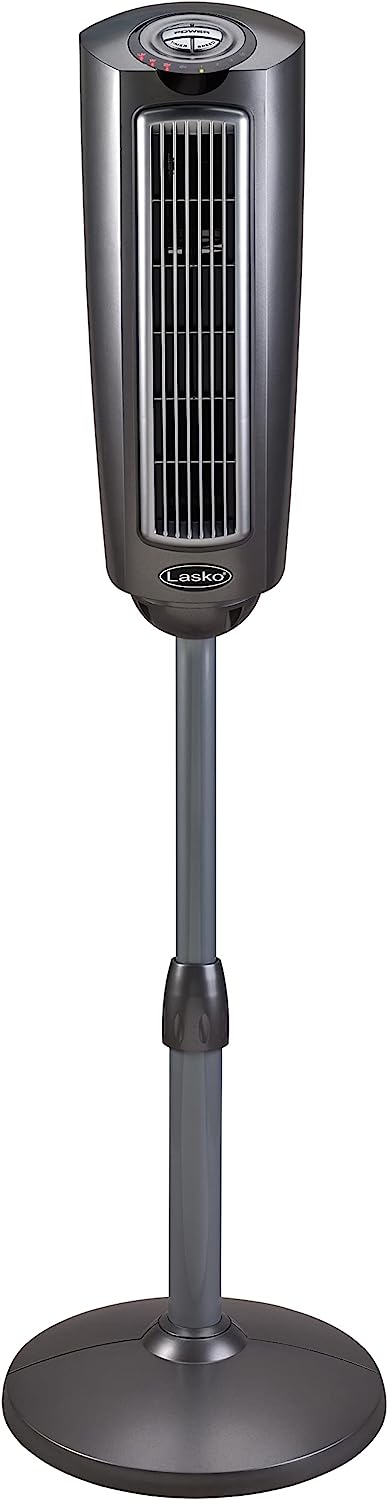Ventilador de pedestal oscilante Lasko, altura ajustable, 3 velocidades silenciosas, temporizador, control remoto para dormitorio, sala de estar, oficina en casa y dormitorio universitario, 52 pulgadas, plateado y gris, 2535