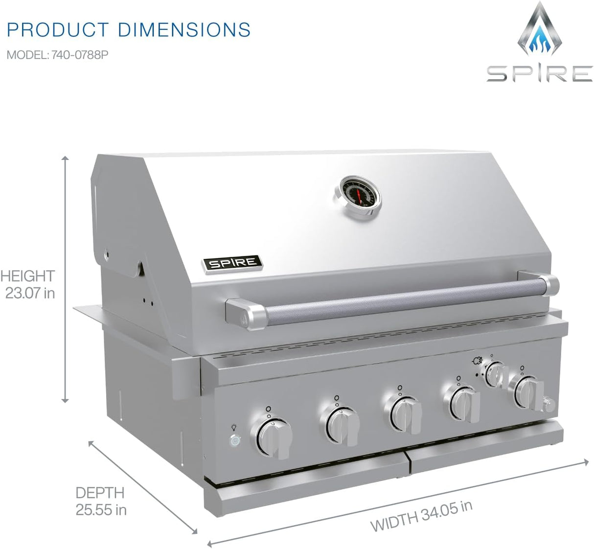Cabezal de isla para parrilla de gas empotrable Spire Premium de 5 quemadores, parrilla de propano de acero inoxidable de 30 pulgadas con quemador trasero, 63,000 BTU - 740-0788P