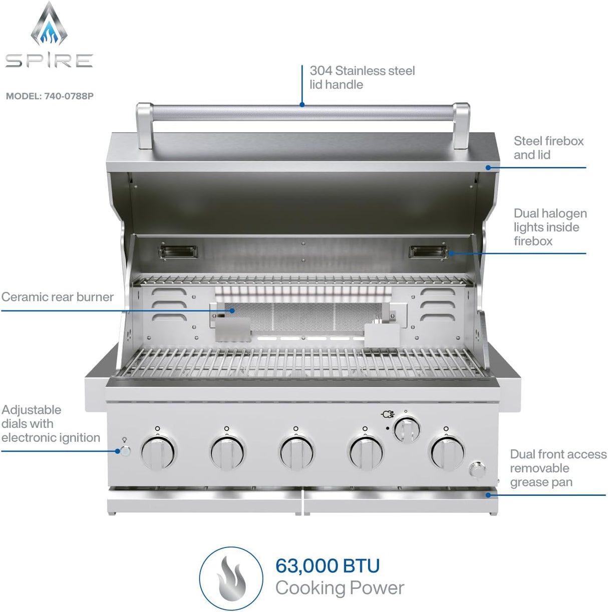 Cabezal de isla para parrilla de gas empotrable Spire Premium de 5 quemadores, parrilla de propano de acero inoxidable de 30 pulgadas con quemador trasero, 63,000 BTU - 740-0788P