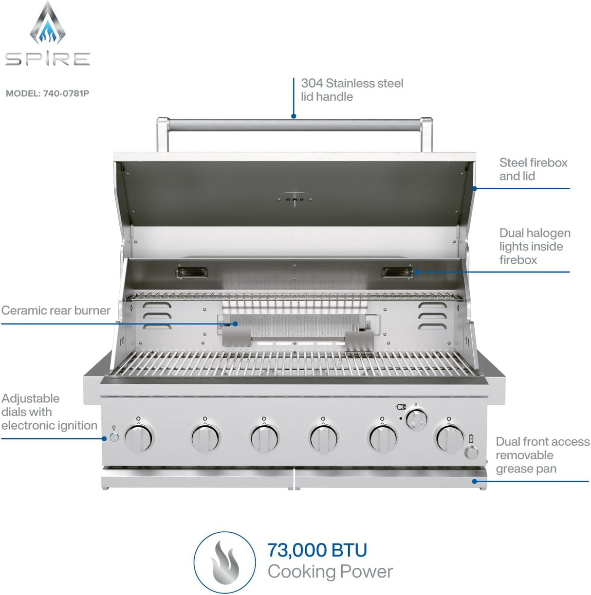 Cabezal de isla para parrilla de gas empotrable Spire Premium de 6 quemadores, parrilla de propano de acero inoxidable de 36 pulgadas con quemador trasero, 73,000 BTU, - 740-0781P