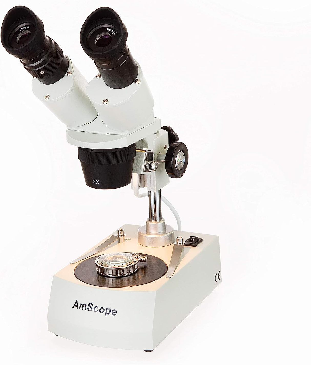 AmScope SE306R-PZ Microscopio estéreo binocular frontal, oculares WF10x y WF20x, aumento 10X-80X, objetivos 2X y 4X, fuente de luz halógena superior e inferior, soporte de pilar, 120 V, blanco