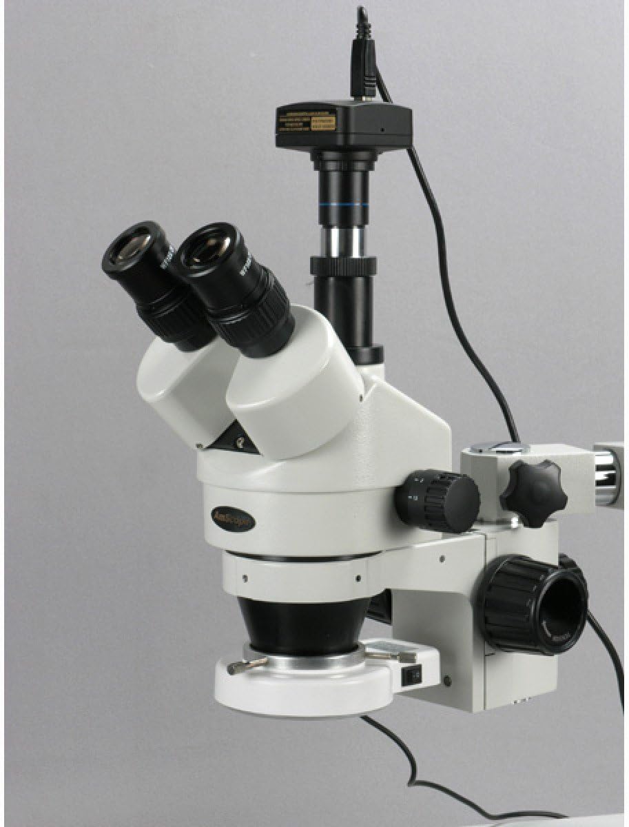 AmScope SM-3T-54S-5M Microscopio trinocular profesional digital con zoom estéreo, oculares WH10x Aumento de 7X-45X, objetivo de zoom de 0,7X-4,5X, luz LED de 54 bombillas