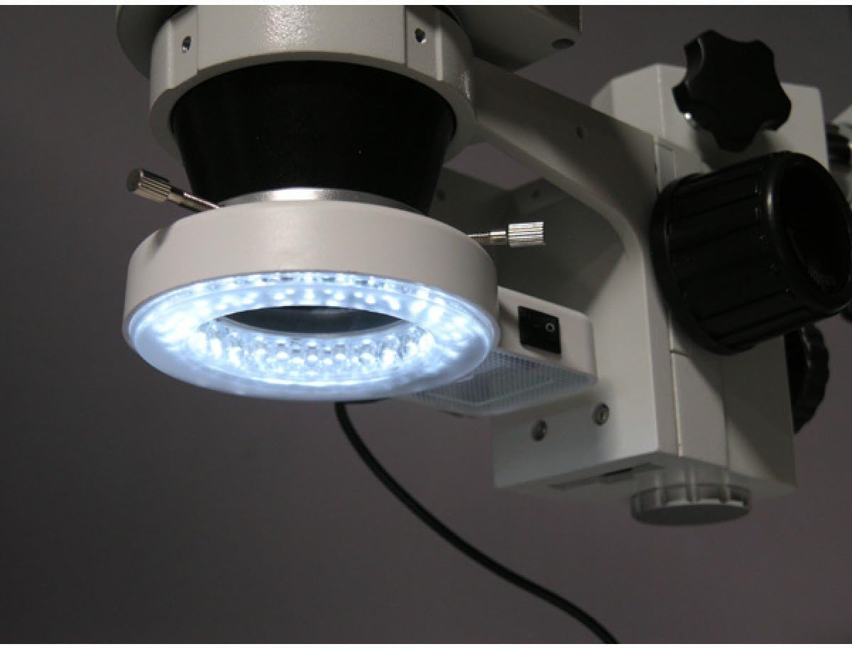 AmScope SM-3T-54S-5M Microscopio trinocular profesional digital con zoom estéreo, oculares WH10x Aumento de 7X-45X, objetivo de zoom de 0,7X-4,5X, luz LED de 54 bombillas