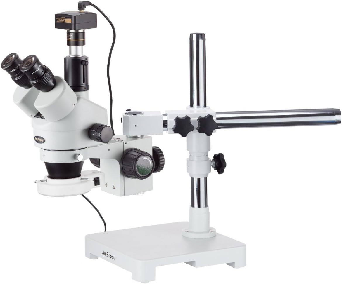 AmScope SM-3T-54S-5M Microscopio trinocular profesional digital con zoom estéreo, oculares WH10x Aumento de 7X-45X, objetivo de zoom de 0,7X-4,5X, luz LED de 54 bombillas