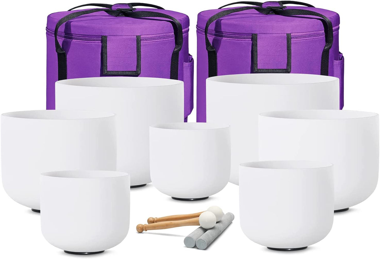 432HZ 8-14 pulgadas Juego de 7 piezas Cuencos de canto de cristal de cuarzo esmerilado con 2 piezas Estuche de transporte