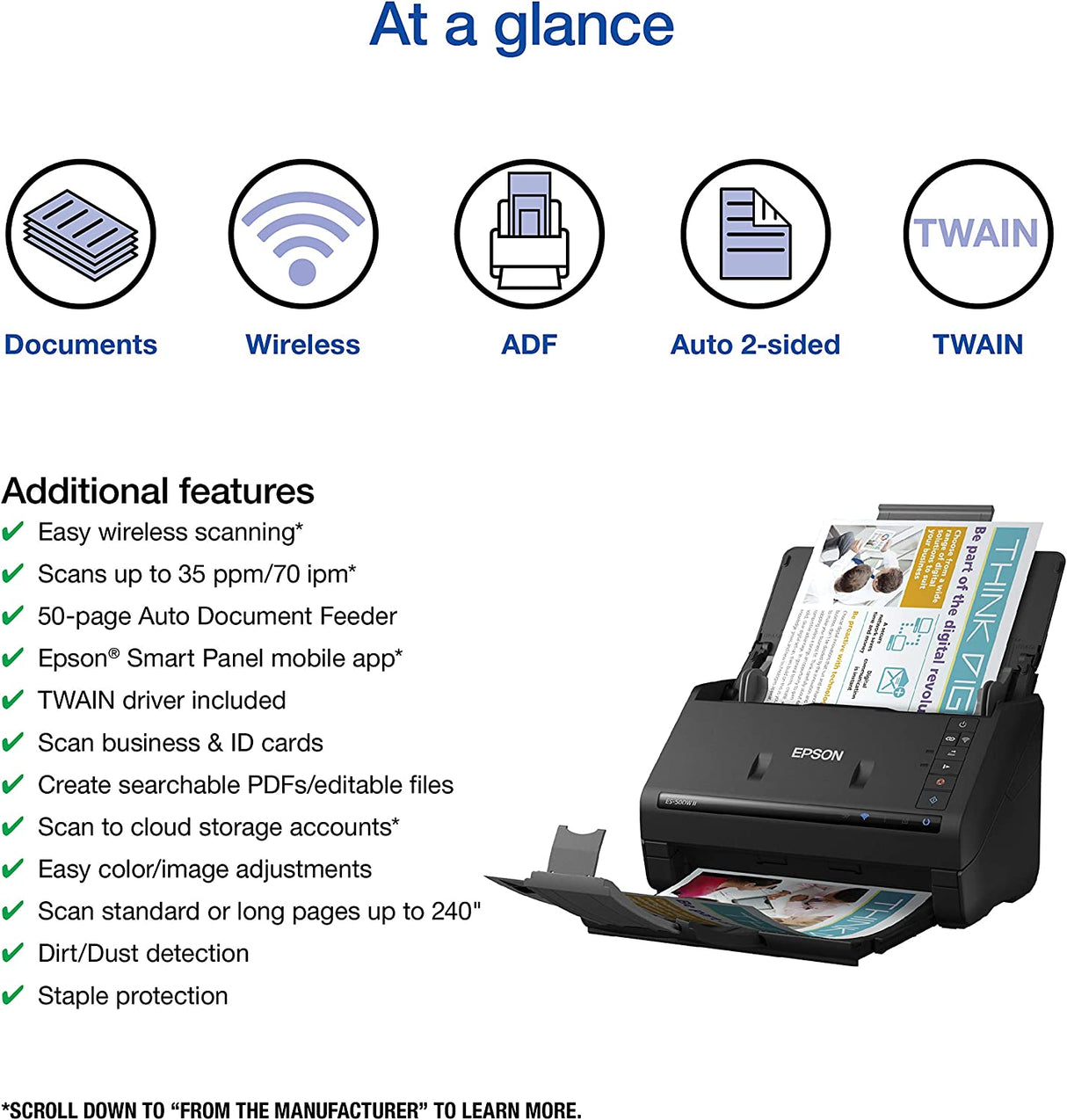 Escáner dúplex en color inalámbrico Epson Workforce Es-500w II