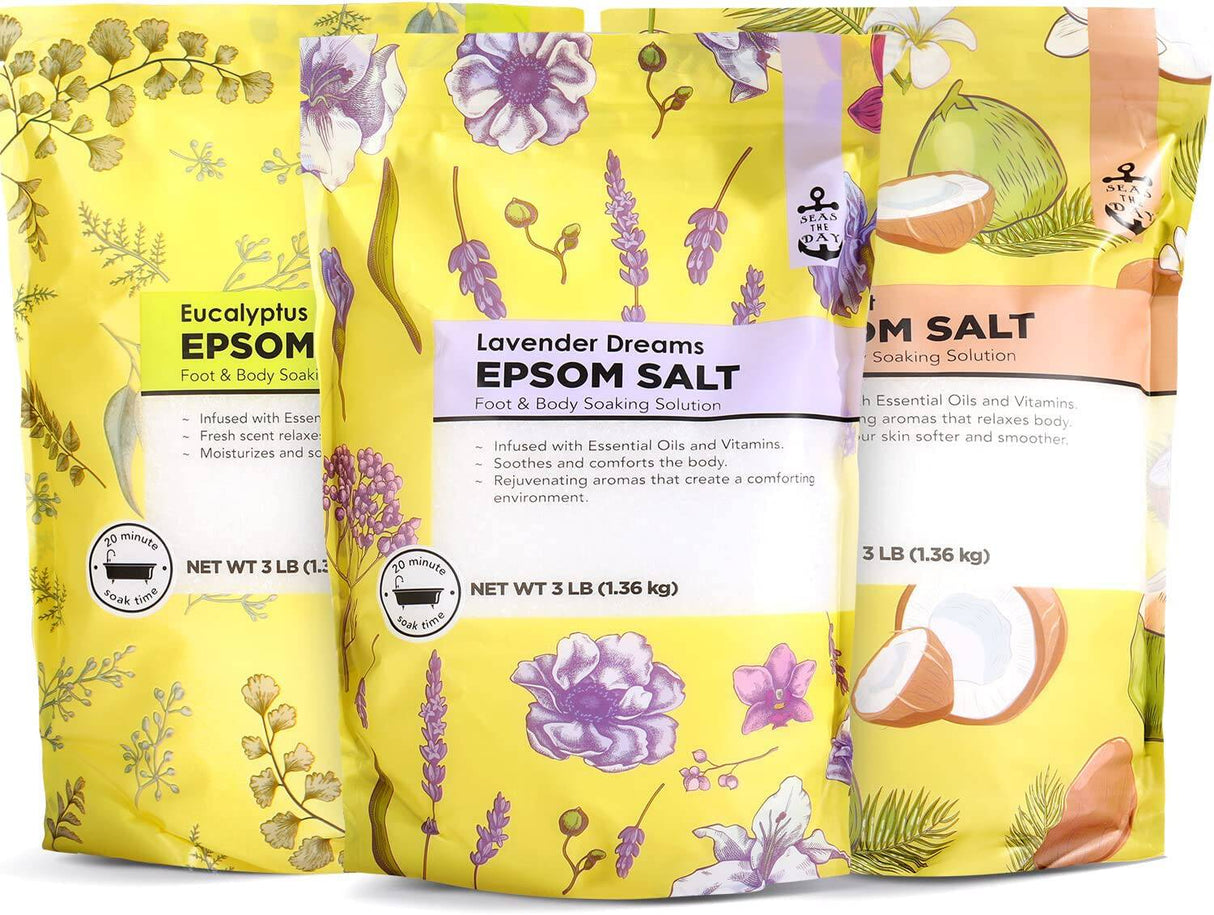 Seas the Day - Sal de Epsom para remojo, sales de baño con lavanda y coco y aroma de menta Eucalyplus 3 lb, juego de spa a granel de sales de Epsom para mujeres relajantes 3 lb x 3 piezas