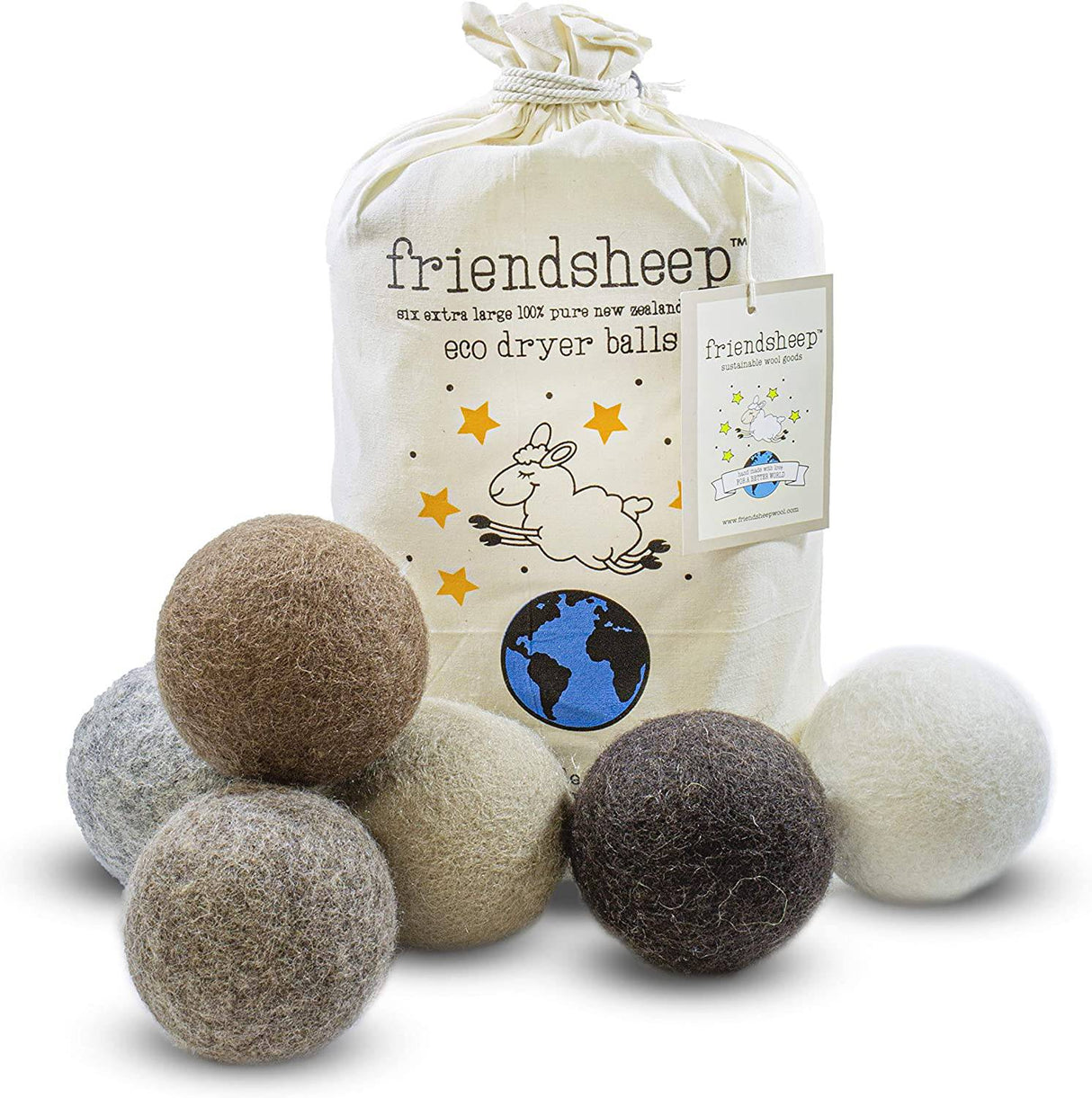 Friendsheep - Bolas para secadora de lana (6 unidades, XL, orgánicas, premium, reutilizables, libres de crueldad, hechas a mano, comercio justo, sin pelusa, suavizante de telas, color marrón beige, místico natural - DIGVICE MX