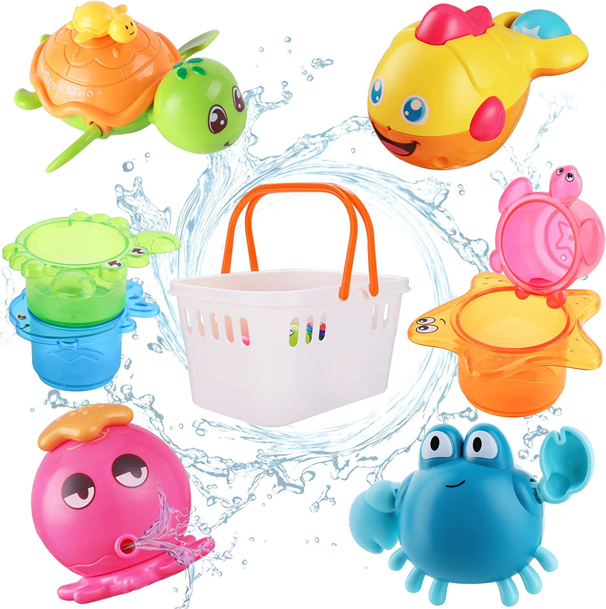 iPlay, iLearn Juguetes de baño para bebés con organizador, pulpo que lanza chorros de agua, tortuga de natación con cuerda, bañera y ducha, vasos apilables - B07BSK7781