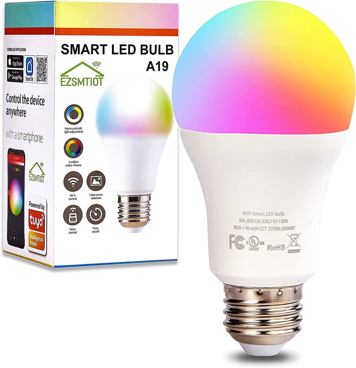 EZSMTIOT - Bombillas inteligentes, E26 9W 800lm, bombilla LED WiFi A19 RGB que cambia de color, regulable, compatible con Alexa, Google Home, Siri e IFTTT, no requiere concentrador, 1 paquete - DIGVICE MX