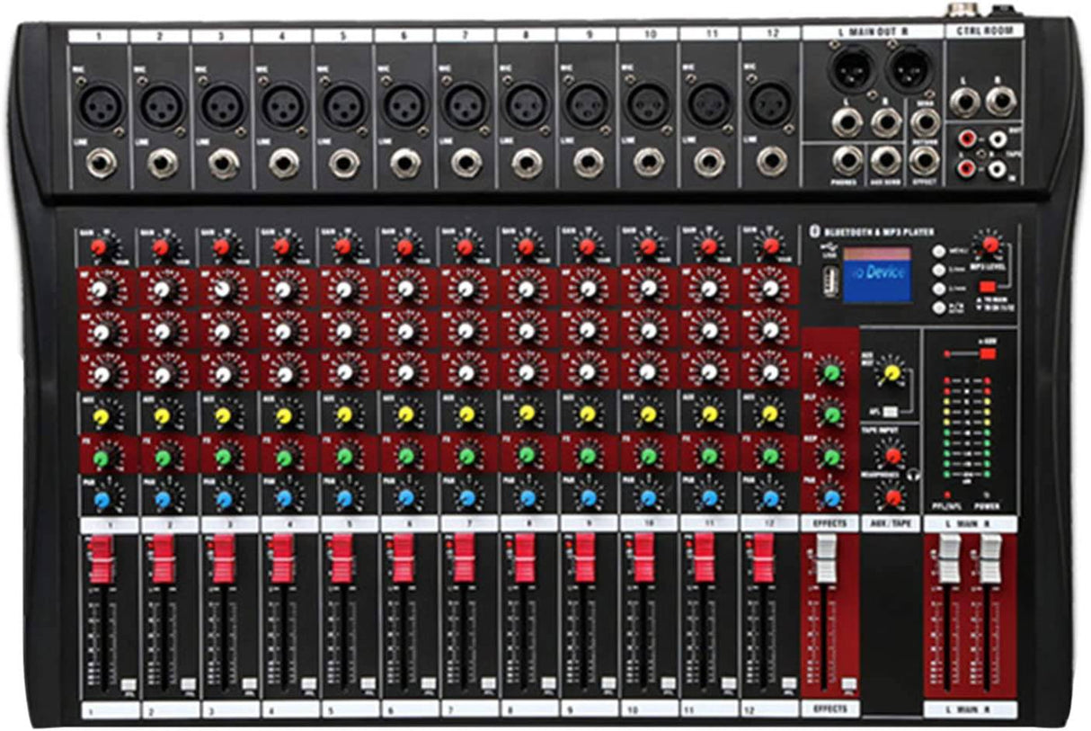 Fineshine Mezclador de audio de 12 canales Consola de mezcla de sonido con USB Bluetooth, entrada de grabación de PC, conector de micrófono XLR, alimentación de 48 V, entrada/salida RCA para profesionales y principiantes (12 canales)
