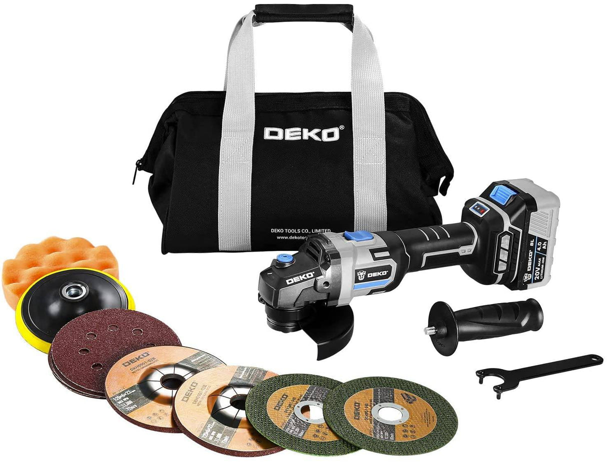 DEKOPRO Herramienta de amoladora angular, almohadilla de 4-1/2"/5", inalámbrica de 20 V con batería y cargador de 4,0 Ah, motor sin escobillas de 3000/8500 RPM, 2 ruedas de molienda y corte, herramienta de batería para madera de metal - DIGVICE MX