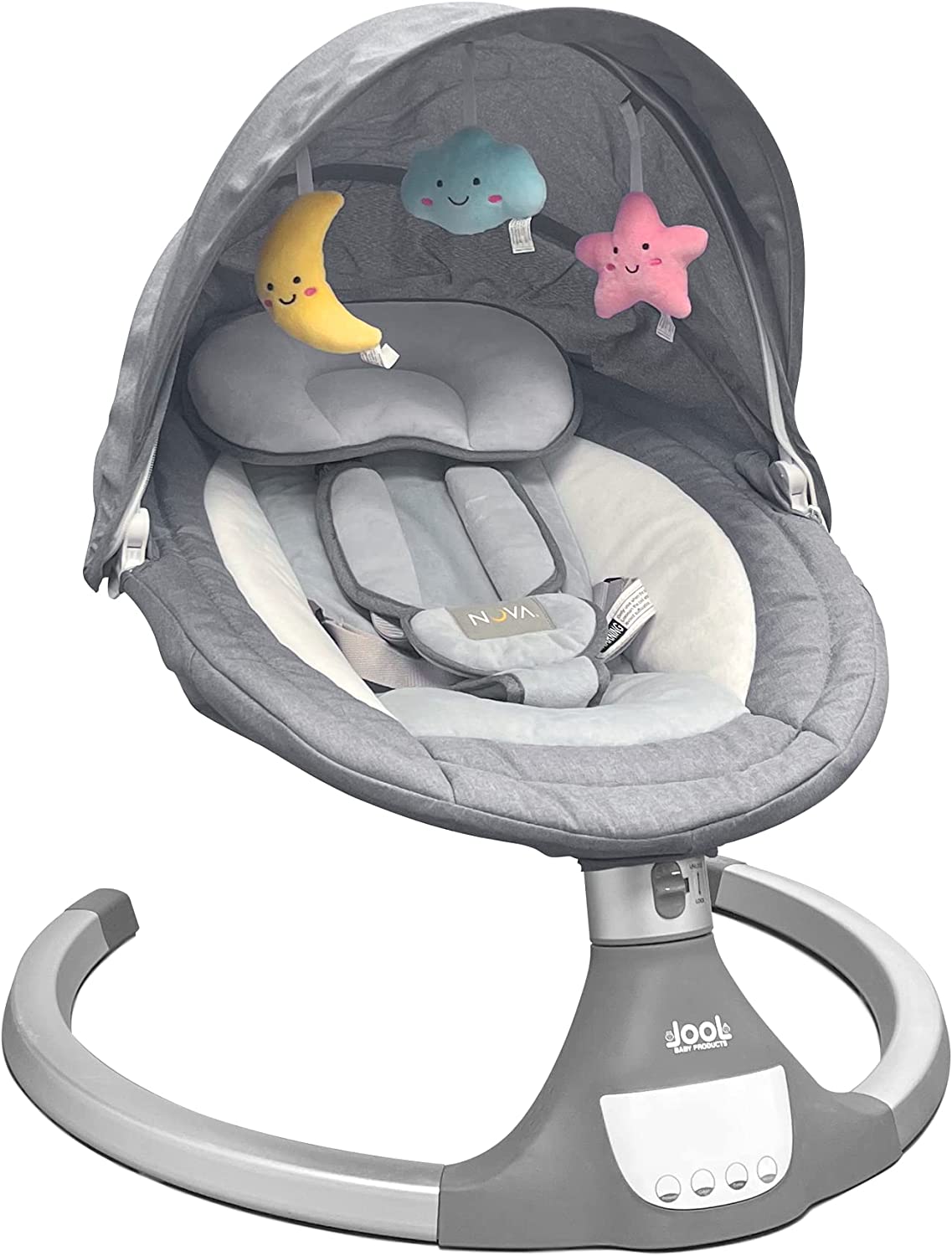 Nova Baby Swing para bebés - Columpio portátil motorizado, altavoz de música Bluetooth con 10 canciones de cuna preestablecidas, control remoto, gris - Jool Baby - DIGVICE MX
