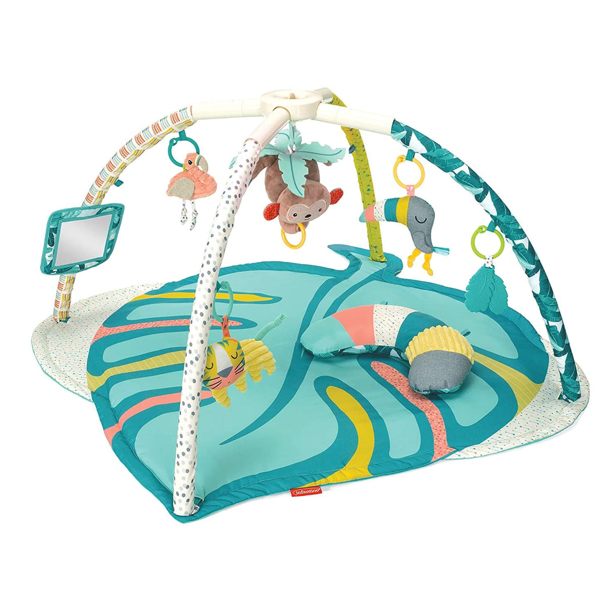 Infantino 4 en 1 Deluxe Twist & Fold Activity Gym & Play Mat, Tropical - Incluye juguetes enlazables, mono musical, espejo y almohada de refuerzo, para recién nacidos, bebés y niños pequeños - DIGVICE MX