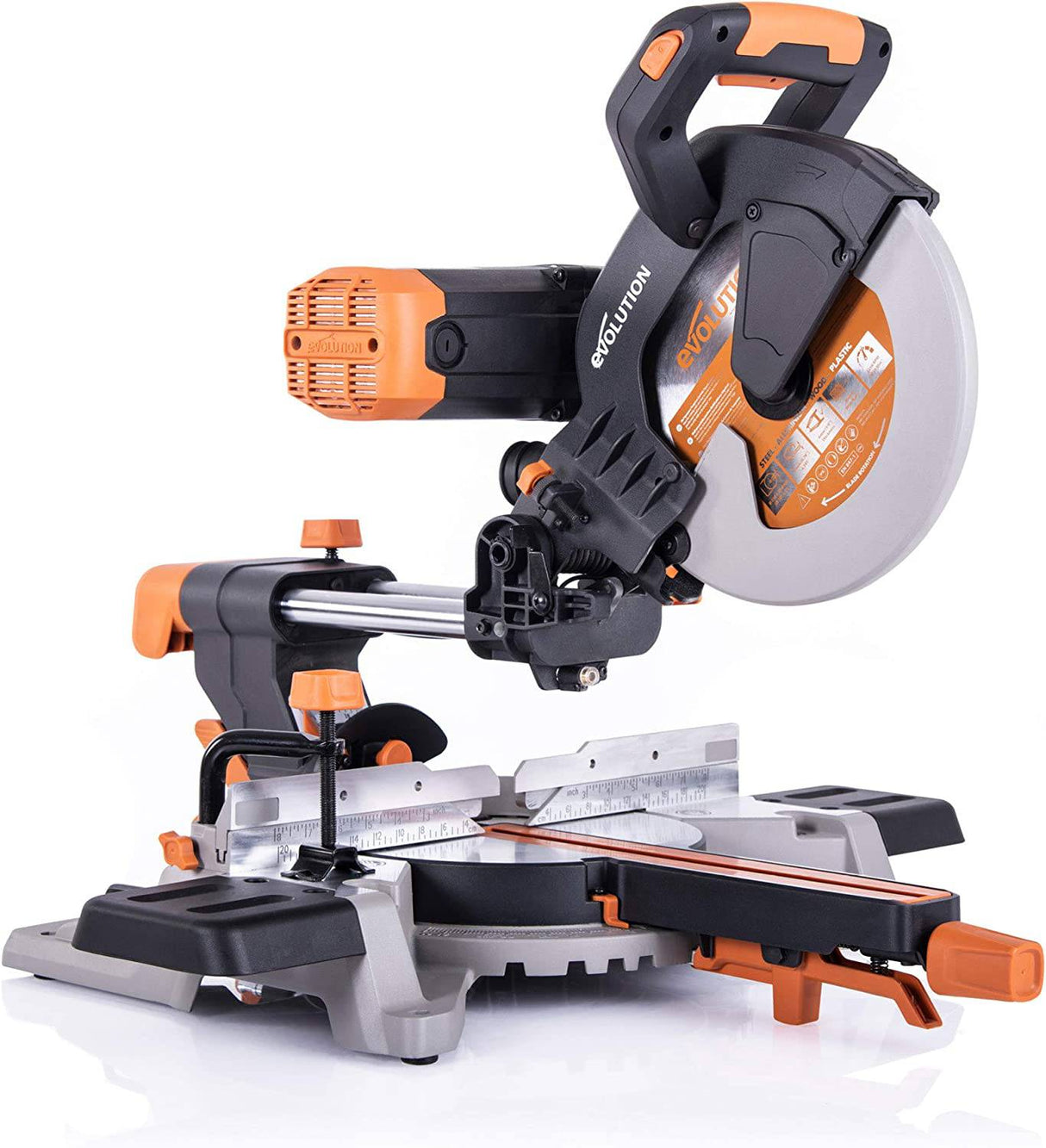 Evolution Power Tools R255SMSDB sierra ingletadora compuesta deslizante de doble bisel multimaterial de 10" - DIGVICE MX