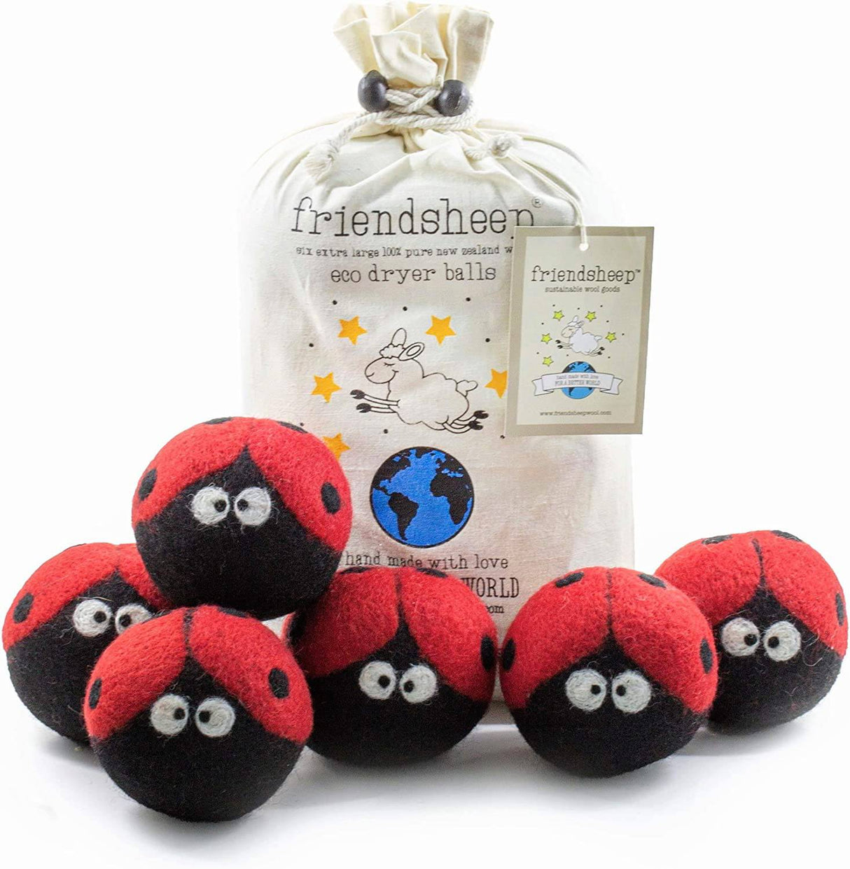 Friendsheep - Bolas para secadora de lana (6 unidades, XL, orgánicas, premium, reutilizables, sin crueldad, hechas a mano, de comercio justo, sin pelusa, suavizante de telas, mariquitas - Lavandería) - DIGVICE MX