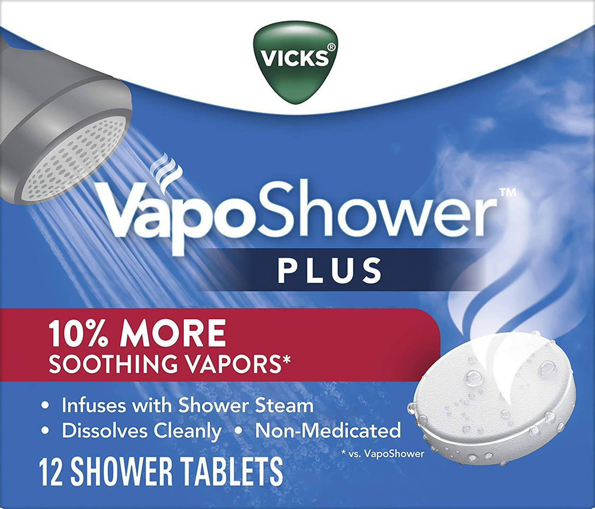 Vicks VapoShower Plus, tabletas de bomba de ducha, aromaterapia de vapor de vapor no medicado fuerte calmante con eucalipto y mentol, contiene aceites esenciales, 12 tabletas