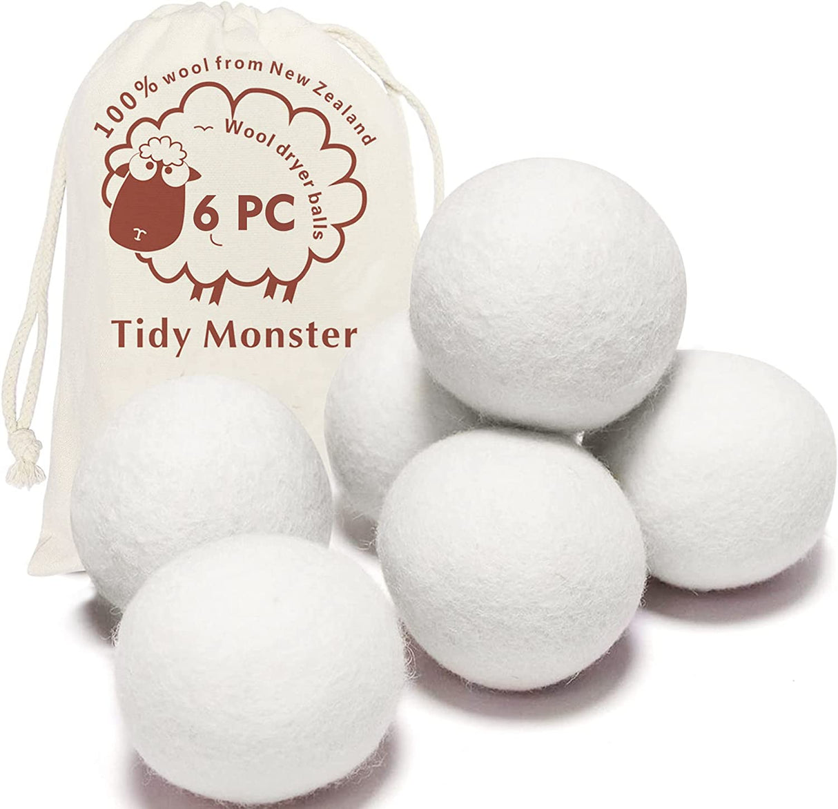 Tidy Monster - Paquete de 6 bolas de lana orgánica natural para secadora, tamaño XL, reutilizable, sin químicos, suavizante de tela natural, antiestático, reduce las arrugas de la ropa y ahorra tiempo de secado. - DIGVICE MX