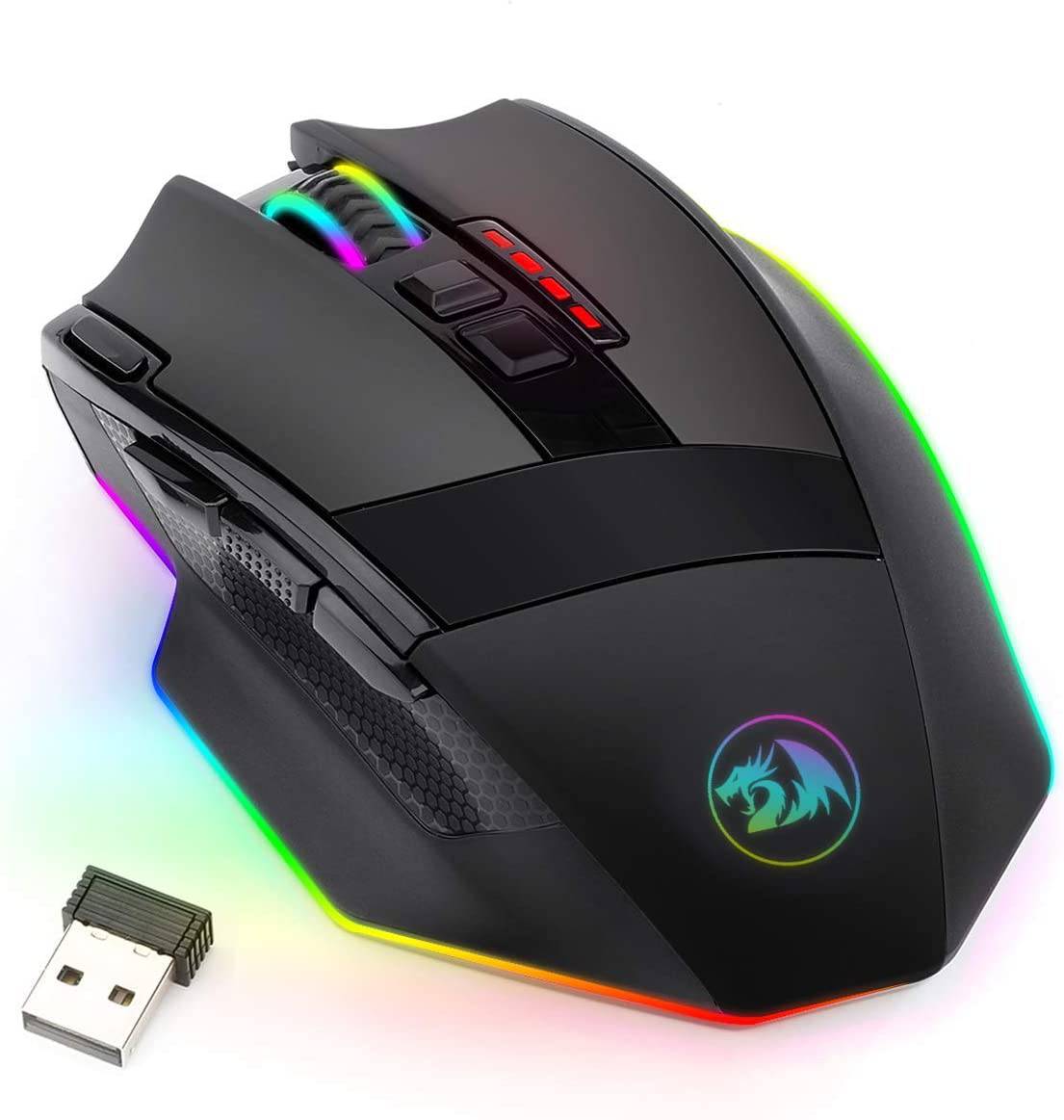 Redragon M801 Ratón para juegos LED RGB retroiluminado MMO 9 Botones programables Ratón con macro Grabación Botones laterales Botón de disparo rápido 16000 DPI para Windows PC Gamer (Inalámbrico, Negro)