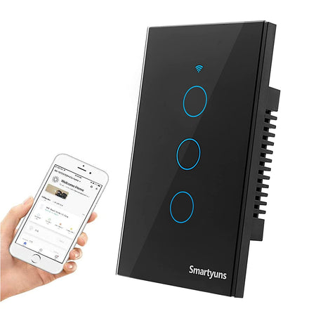 Smartyuns WiFi Interruptor de luz inteligente negro, interruptor de luz táctil con indicador LED, interruptor de pared estándar de EE. UU. Compatible con Alexa, asistente de Google, aplicación "SmartLife" (interruptor de luz de 3 marchas negro) - DIGVICE MX