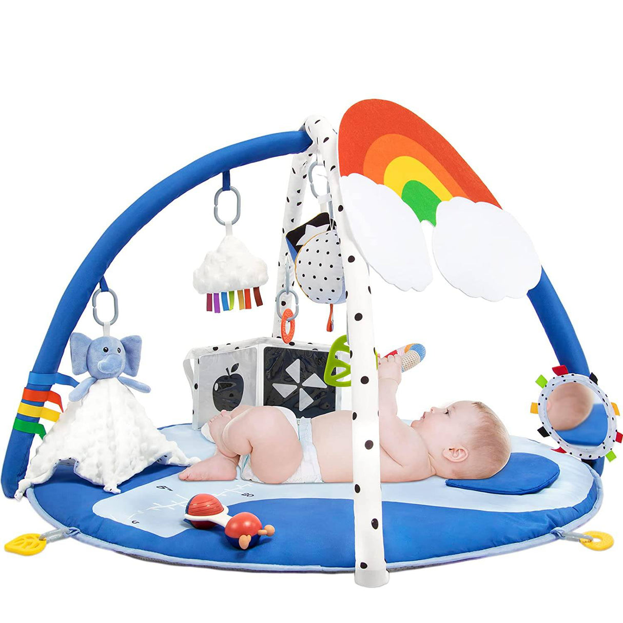 SYNPOS Baby Gym Play Mat, Baby Play Mat con 10 juguetes para el desarrollo de habilidades sensoriales y motoras, Baby Gym Activity Mat con manta de seguridad de elefante, Rainbow Play Mat - DIGVICE MX