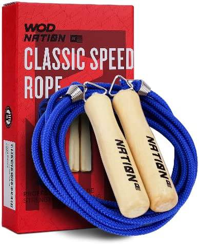 WOD Nation - Cuerda de saltar de algodón con mango de madera, cuerda de saltar larga ajustable para hombres, mujeres y niños