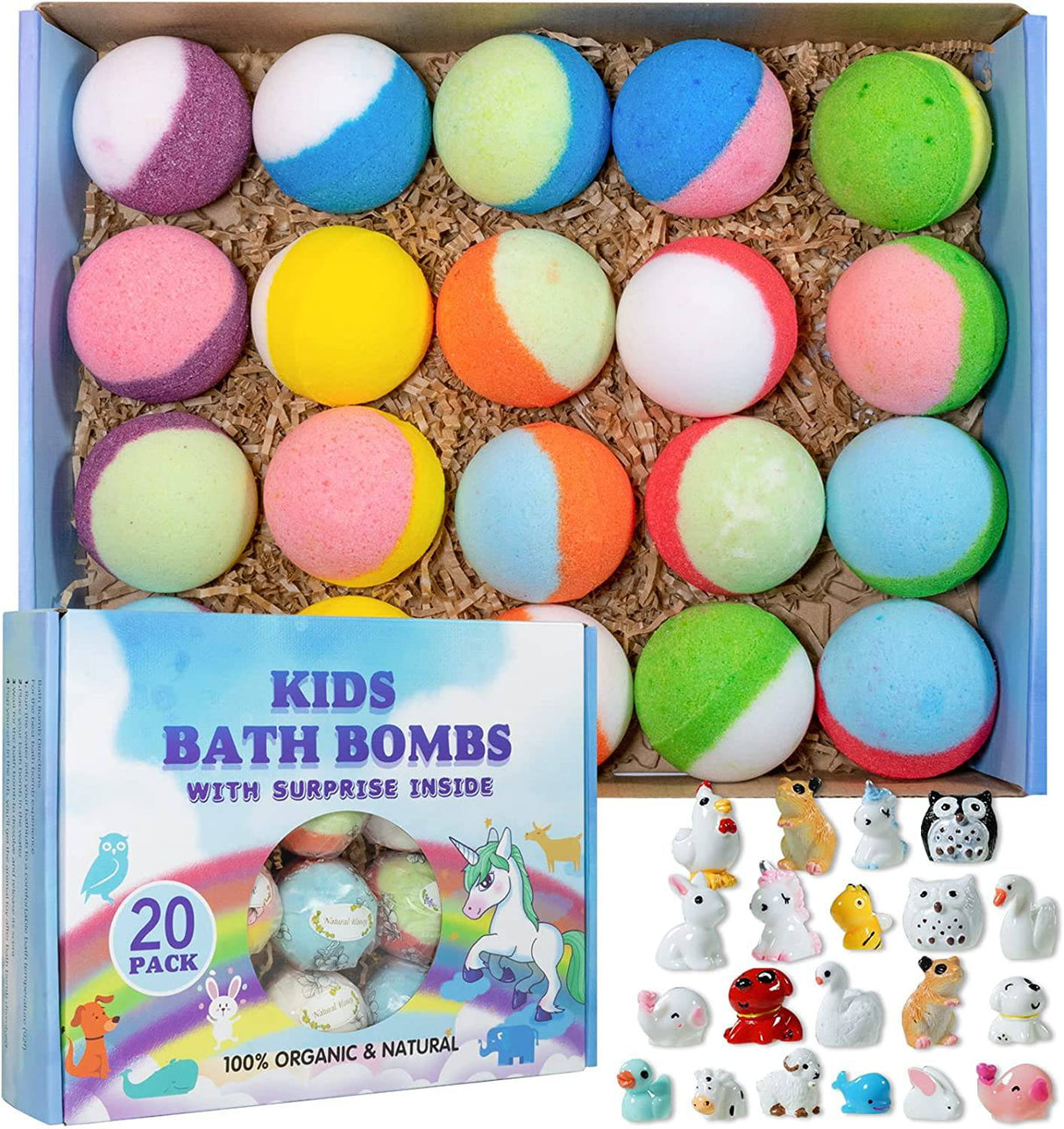 Yekeri - Juego de regalo de bomba de baño con juguetes en el interior, paquete de 20 bombas de baño orgánicas para niños, bolas efervescentes hechas a mano seguras para niños, regalo de cumpleaños ideal para niños y niñas)