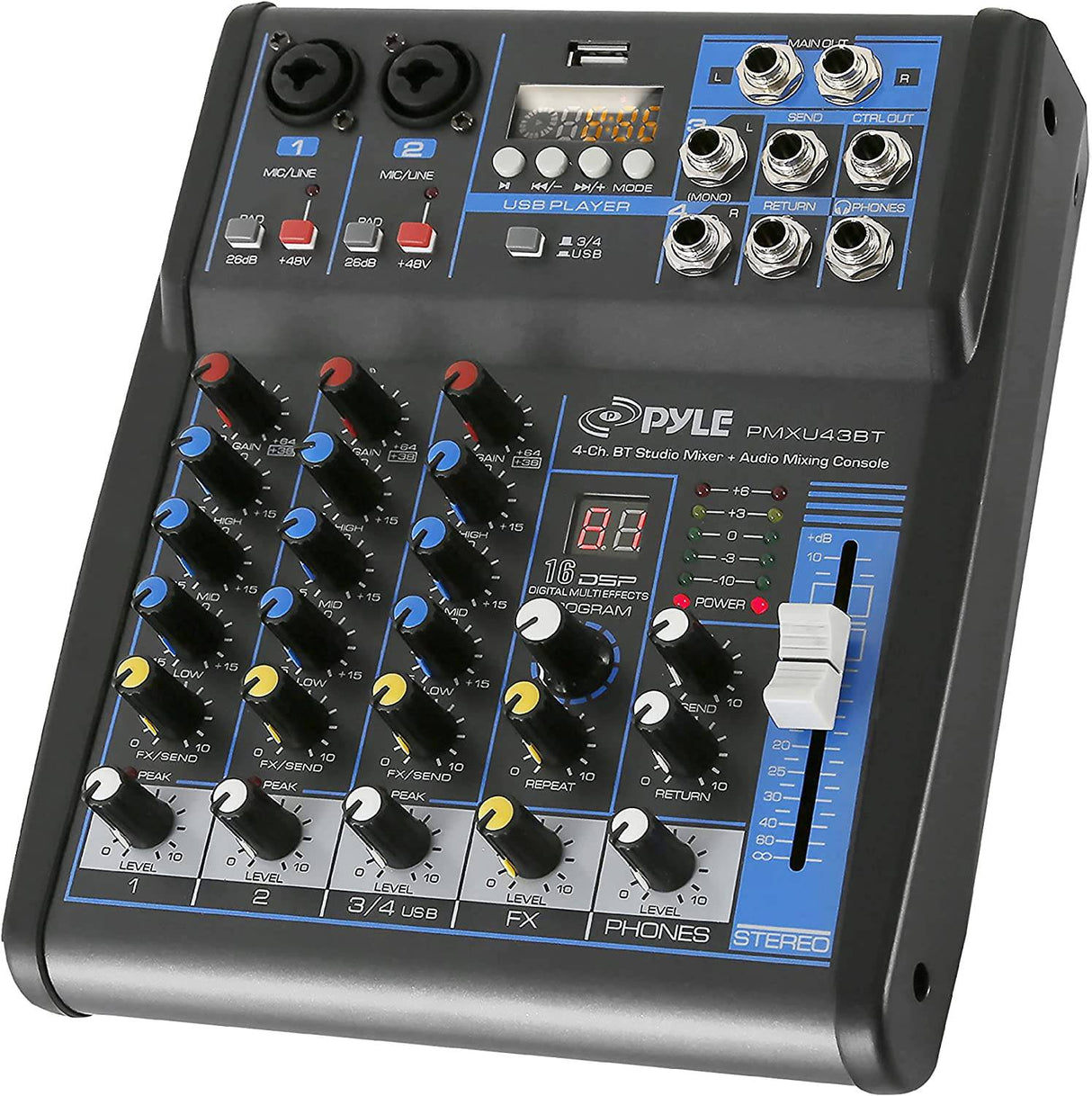 Pyle Mezclador de audio profesional Placa de sonido Interfaz de sistema de consola 4 canales Digital USB Bluetooth MP3 Entrada de computadora 48V Phantom Power Estéreo DJ Studio Streaming FX Procesador DSP de 16 bits-PMXU43BT