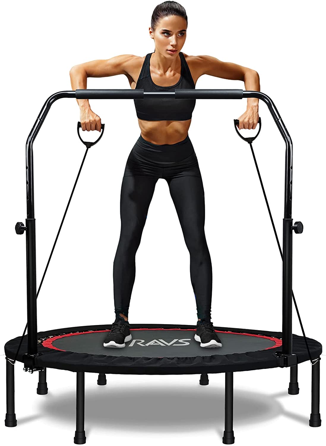 RAVS Mini Trampolín para niños Adultos 48 "Plegable Fitness Rebounder Kids Trampoline con 5 niveles Altura ajustable Mango Bandas de resistencia Entrenamiento en interiores Ejercicio Trampolín