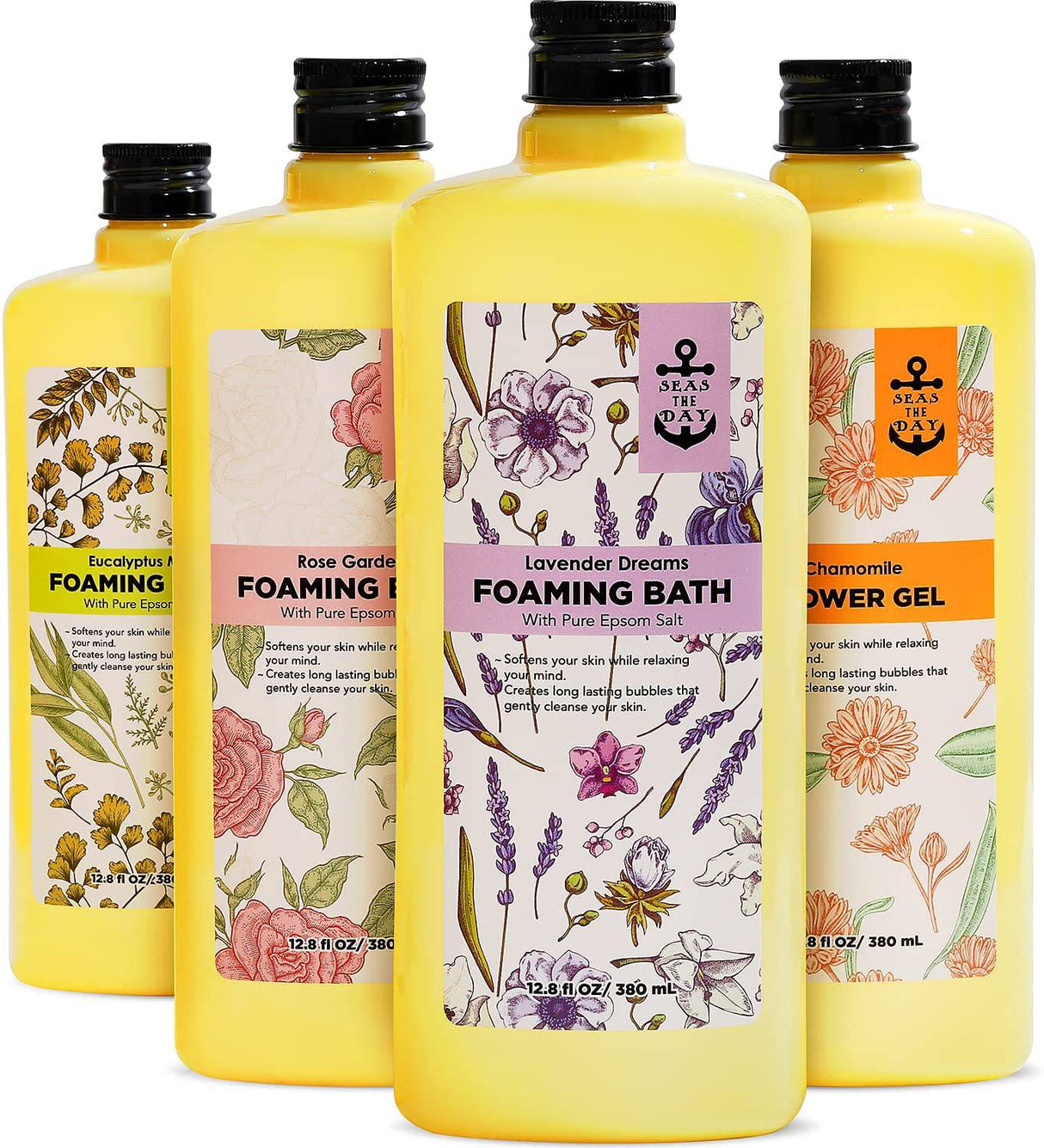 Seas the Day - Baño de burbujas, baño espumoso con sal pura de Epsom, rosa, lavanda, manzanilla y eucalipto, aroma a menta, paquete de 4 51.2 fl oz