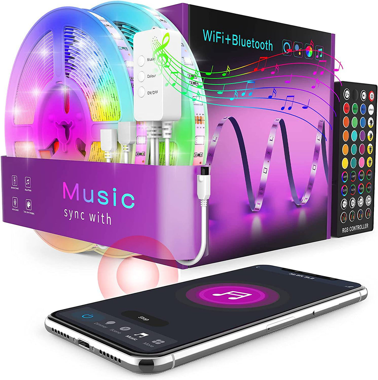 Popotan Tira de luces LED inteligentes de 50 pies - Las luces de cuerda funcionan con Alexa Google Home Aplicación de voz Control remoto Sincronización de música SMD5050 RGB Cambio de color Luz LED Sincronización de música - DIGVICE MX