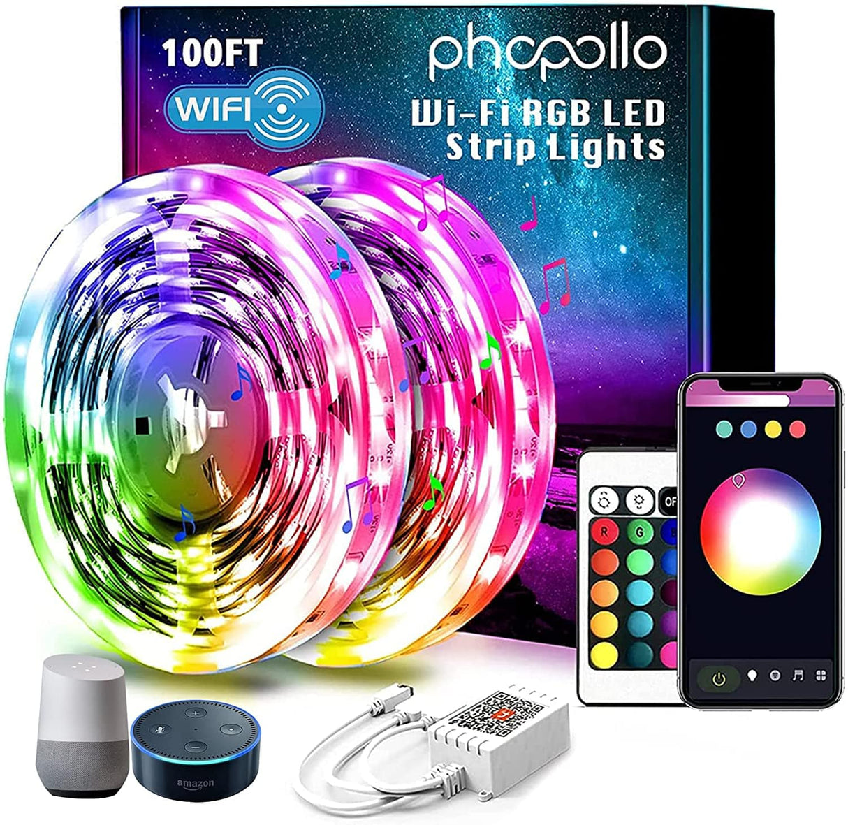 PHOPOLLO Smart WiFi Luces LED de 100 pies para sincronización de dormitorio con música, tira de luces LED compatibles con Alexa y Google Home - DIGVICE MX