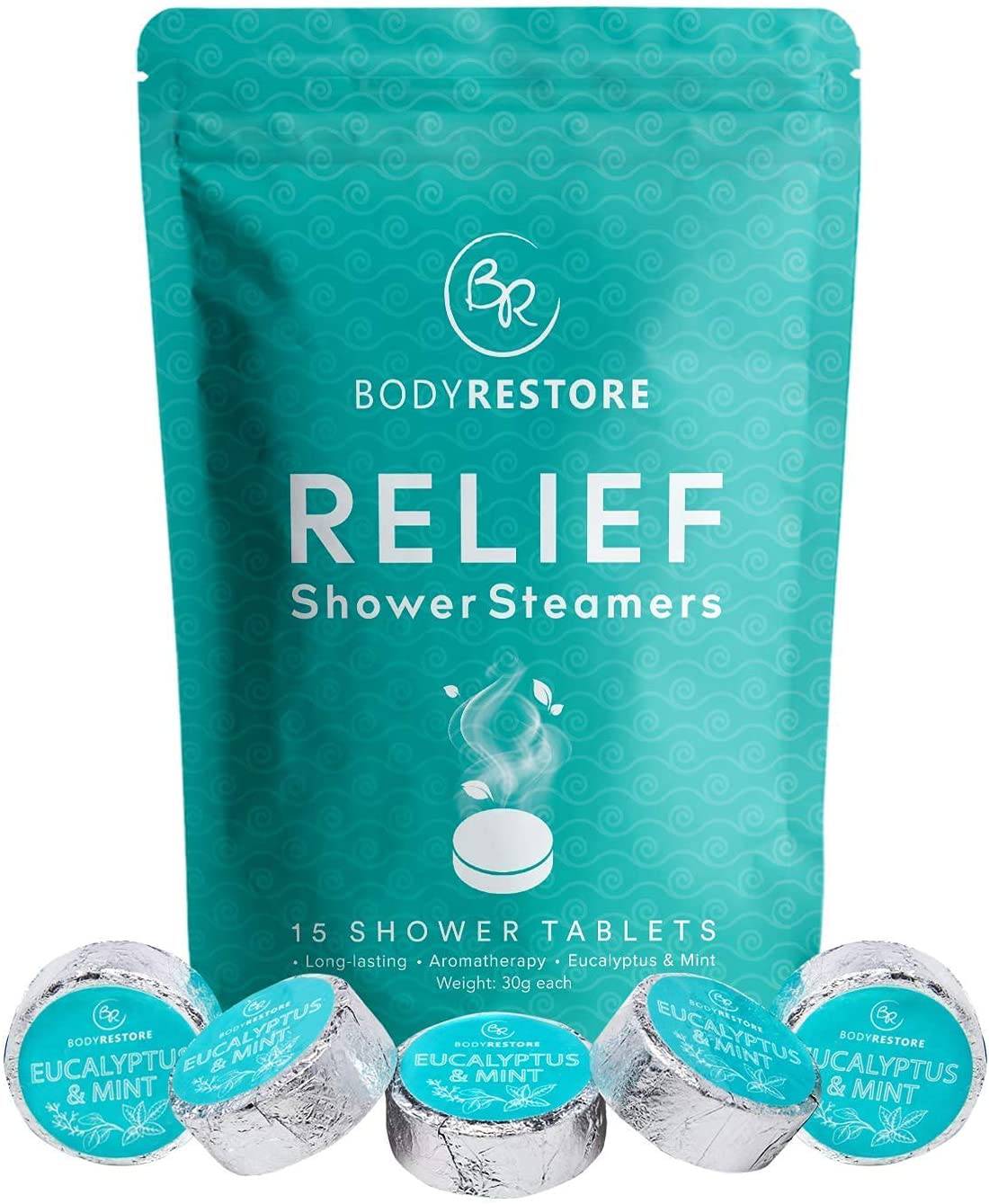 BodyRestore Shower Steamers Aromaterapia - Paquete de 15 bombas de ducha para mujeres, tabletas de ducha de eucalipto para la congestión nasal, alivio del estrés de aceite esencial