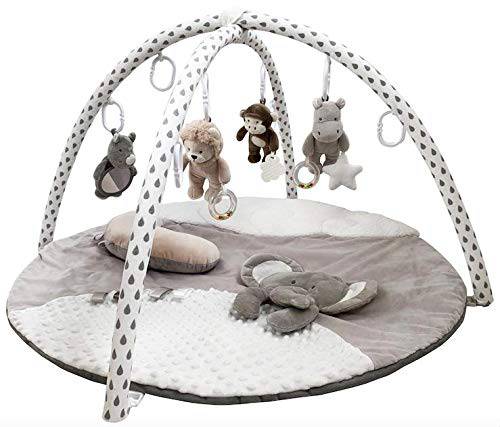 Gabby Grove Gentle Jungle - Gimnasio educativo para actividades de bebé y alfombrilla de juego infantil en gris, regalo de ducha para recién nacido con espejo, almohada para el tiempo boca abajo y juguetes en tonos neutros gris, blanco y crema - DIGVICE MX
