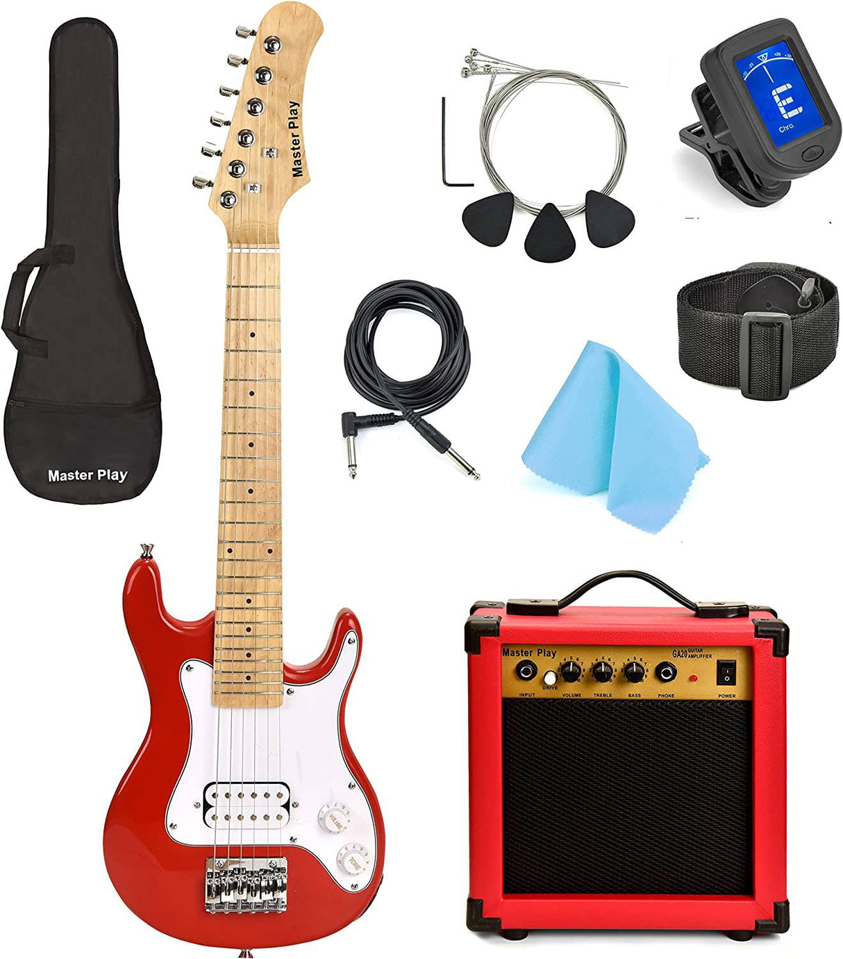 Master Play - Guitarra eléctrica de 30 pulgadas, para niños/principiantes con kit de inicio completo, amplificador de 20 vatios, 6 cuerdas adicionales, púas, bolsa de concierto, correa para el hombro, sintonizador digital, cable, paño de lavado