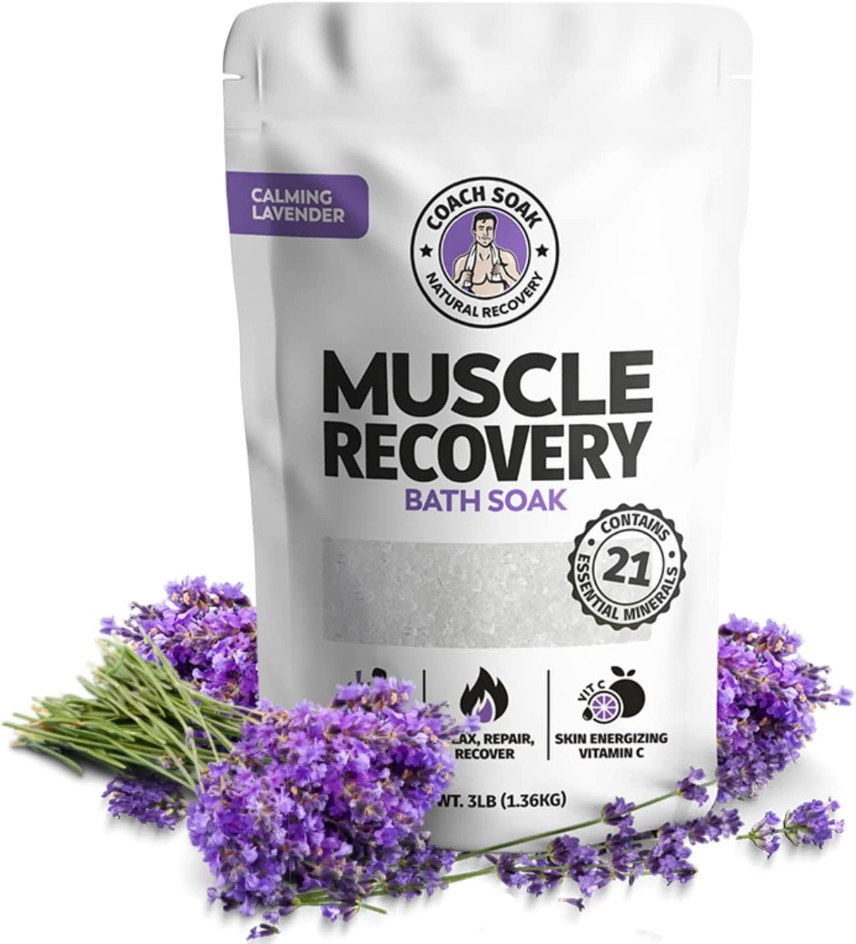 Coach Soak: Baño de recuperación muscular - Alivio muscular de magnesio natural y chupete de articulaciones - 21 minerales, aceites esenciales y sales de baño del Mar Muerto - Se absorbe más rápido que la sal de Epsom para remojo (lavanda calmante)