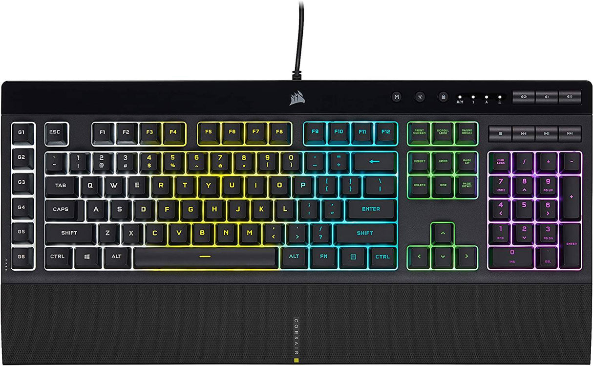 CORSAIR K55 RGB PRO-Dynamic RGB Retroiluminación - Seis teclas macro con integración de software Elgato Stream Deck - IP42 resistente al polvo y derrames - Reposamanos desmontable - Teclas de volumen y medios dedicados, negro