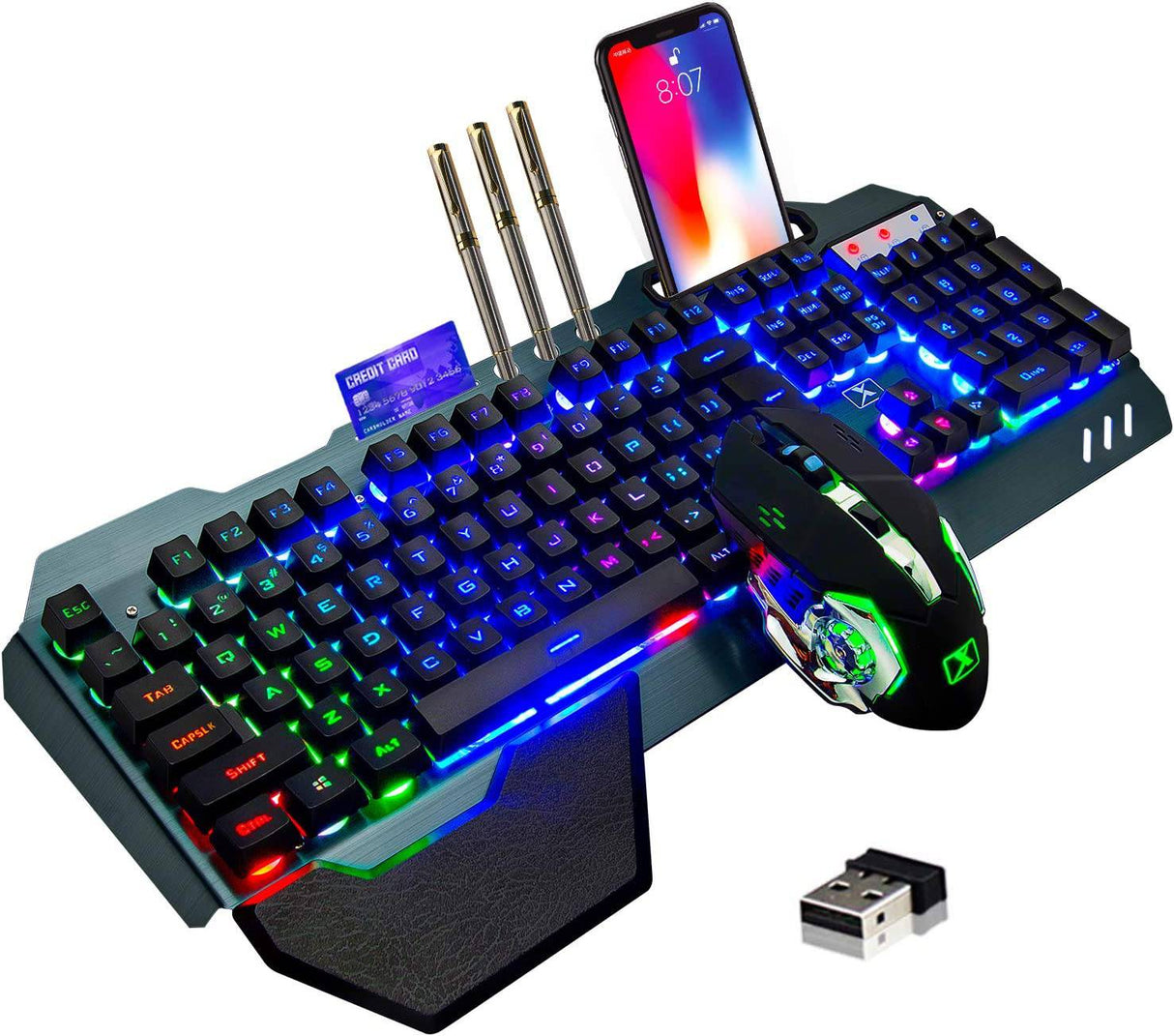 LexonElec - Teclado y ratón inalámbricos para juegos, ratón de teclado recargable con retroiluminación de arco iris con panel de metal de batería de 3800 mAh, teclado mecánico de reposamanos extraíble y ratón silencioso de 7 colores para jugadores de PC